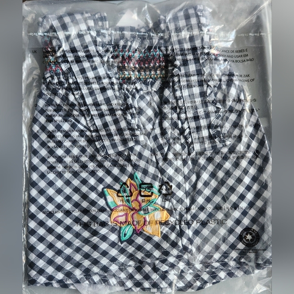 French Connection Adla Gingham Smocked Top MARINE-LINEN WHITE -‎ XS - Picture 4 of 5